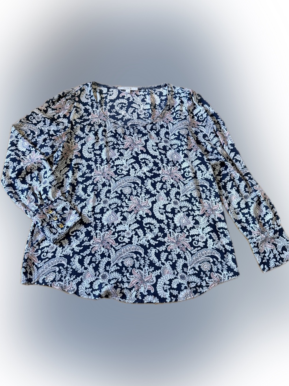 LOFT Navy Paisley Floral Blouse Long Sleeve Size Medium